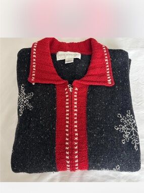 Petite Sophisticate Black Sweater Cardigan with Red Trim and White Snowflakes